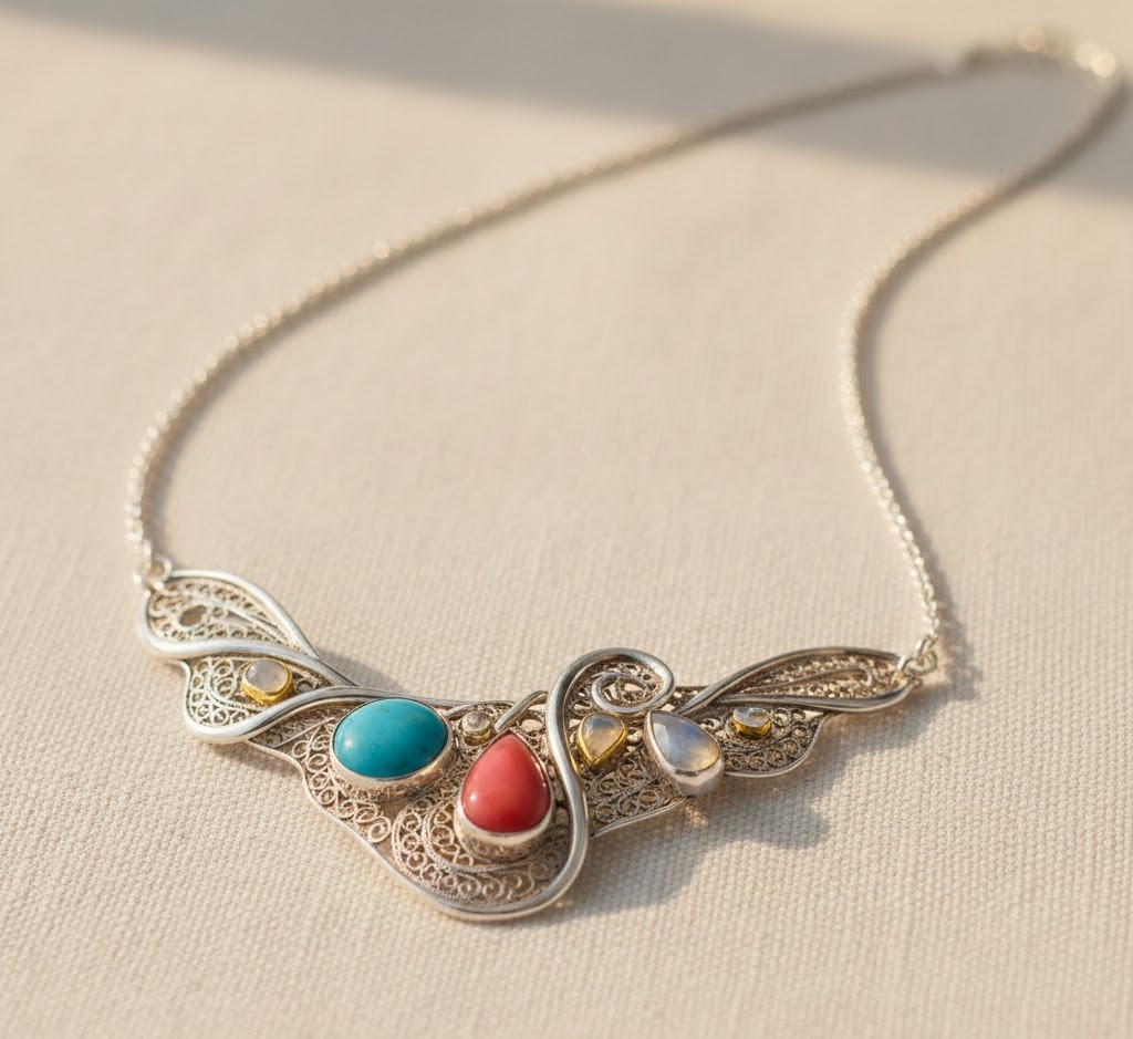 Handcrafted silver necklace with natural gemstones