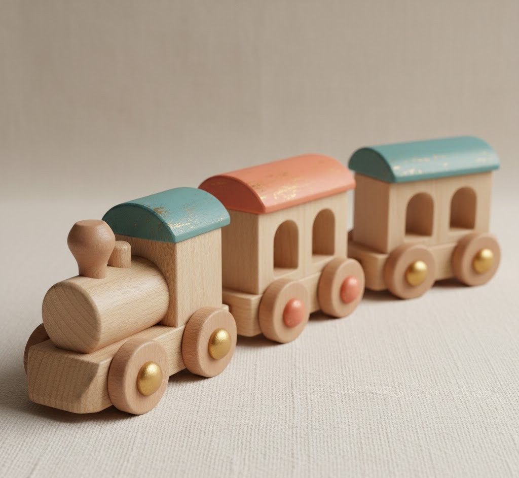 Handmade wooden toy train set