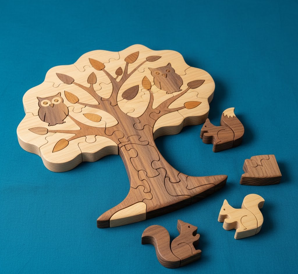 Handcrafted wooden puzzle set